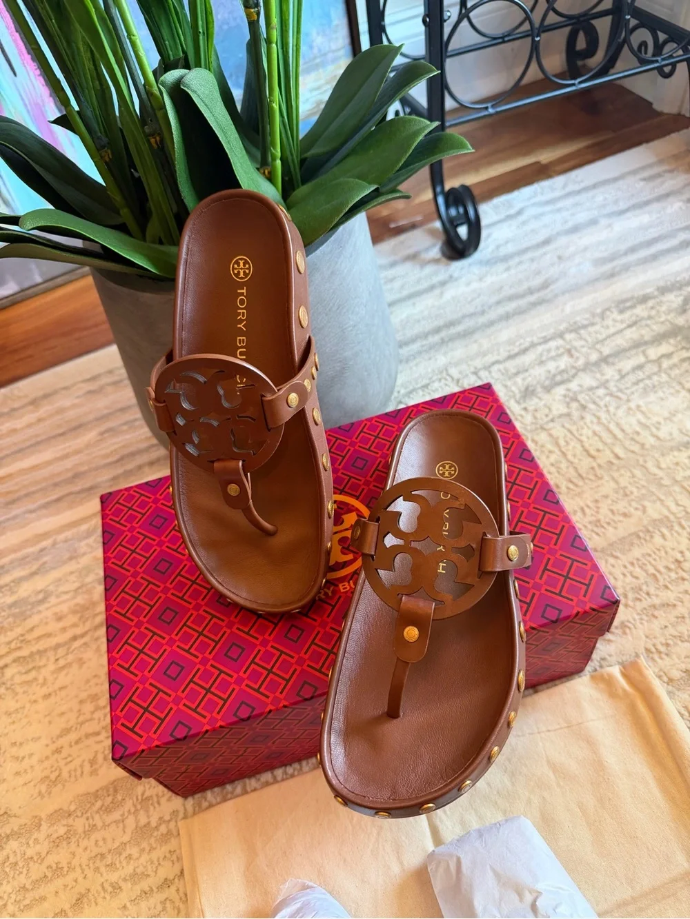 Tory Burch Brown Leather Miller Studded Slide Sandals